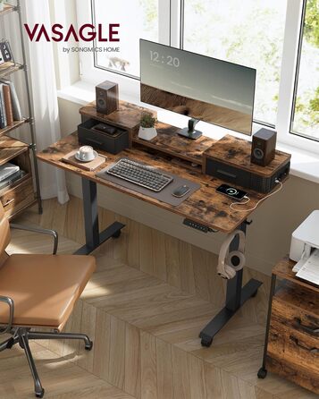 VASAGLE Electric Standing Desk - Adjustable Height, 140x60cm, with Monitor Stand, Power Strip, Hooks, Memory Function - Vintage Brown