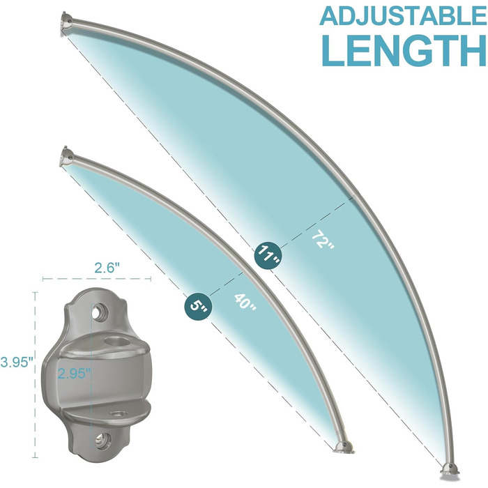 Вигнута регульована штанга для душової завіси, 101,6–182,9 см, нержавіюча сталь, розширювана, алюміній, кругла, міцна, для ванної/душової кімнати, монтаж з свердлінням, хром