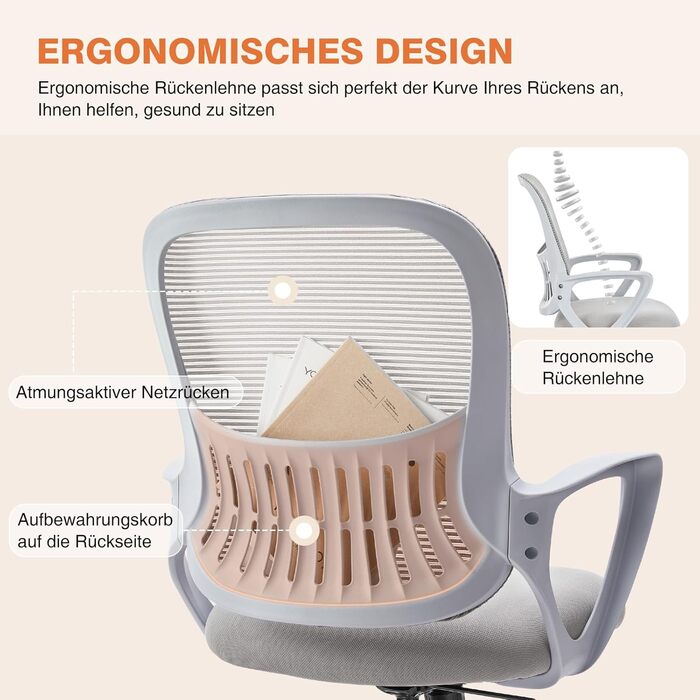 Ергономічне крісло Sweetcrispy для офісу та дому, з регулюванням висоти та підтримкою попереку, з підлокітниками (сірий)