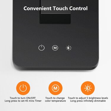 LED лампа настільна для дому та офісу, 15 режимів, денне світло, 1000LM, регулювання яскравості, 3600mAh, чорний колір