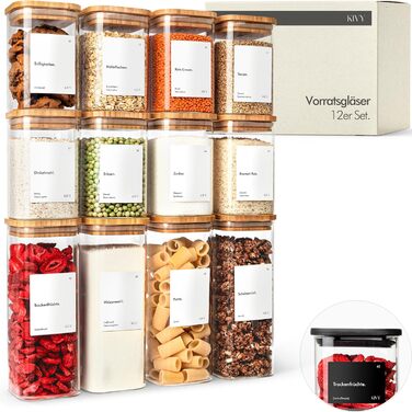 Скляні контейнери для зберігання KIVY, 12 шт. - кутові, з кришкою, бамбук