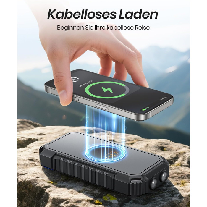 Power Bank ADDTOP 20000mAh сонячна, бездротова зарядка, USB-C, 3.0A, з ліхтариком для смартфонів та планшетів (чорний)
