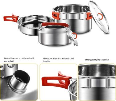 Набір посуду для кемпінгу з нержавіючої сталі 304, 1-2 особи. Посуд для туризму, похідний набір з каструлею, сковородою з антипригарним покриттям та чайником у сітчастій сумці