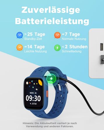 Смарт-годинник BIGGERFIVE для дітей, 1.8' - фітнес-трекер, пульсометр, монітор сну, водонепроникний (IP68), ігри, для дівчаток та хлопчиків 5-16 років, блакитний