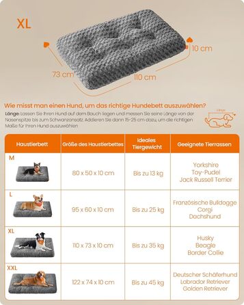 Ліжко для собак Feandrea XL, м'яке, плюшеве, 110 x 73 см, для великих собак, сірий колір, знімний чохол, антиковзаюча поверхня