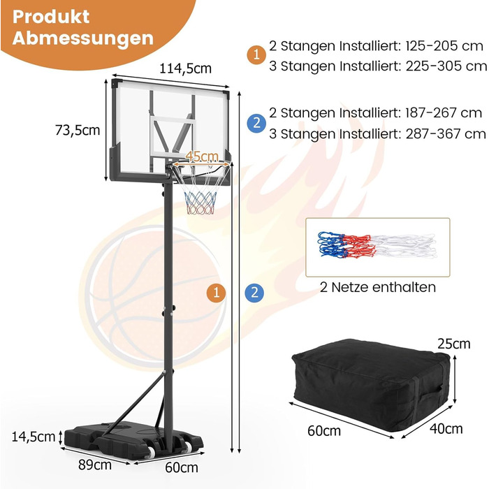 COSTWAY Adjustable Height Basketball Hoop System - Outdoor Mobile Basketball Stand with Wheels & Weight Bag (125-305cm)