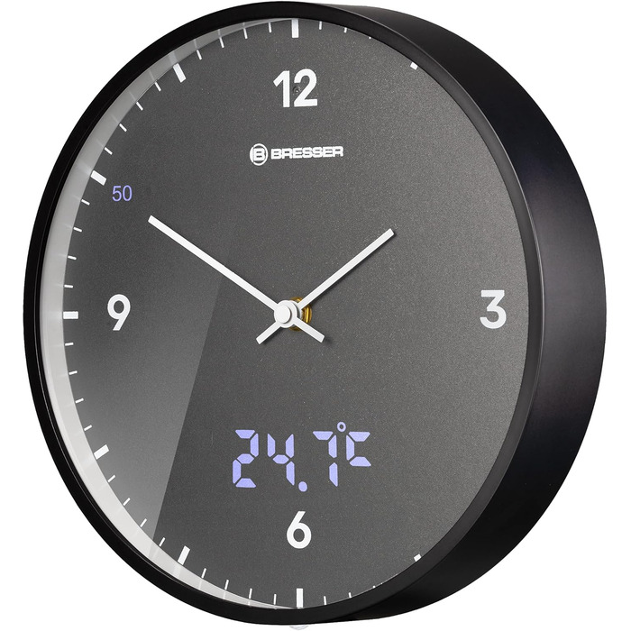 Bresser MyTime Radio-Controlled Wall Clock with Silent Movement, 24 cm Dial, LED Second Display, Indoor Temperature and Silent Radio Clock Movement, Grey