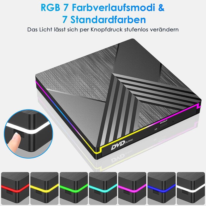 Зовнішній DVD-привід з RGB-підсвіткою, USB 3.0 та Type-C, CD/DVD+/-RW записувач та плеєр для PC, Laptop, MacBook (Windows, macOS, Linux)