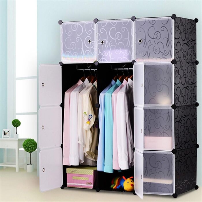 HENGMEI DIY Closet Wardrobe Storage Shelf System Shelf System 12-Cube Organization System Shoe Cabinet Closet with Door (Black)