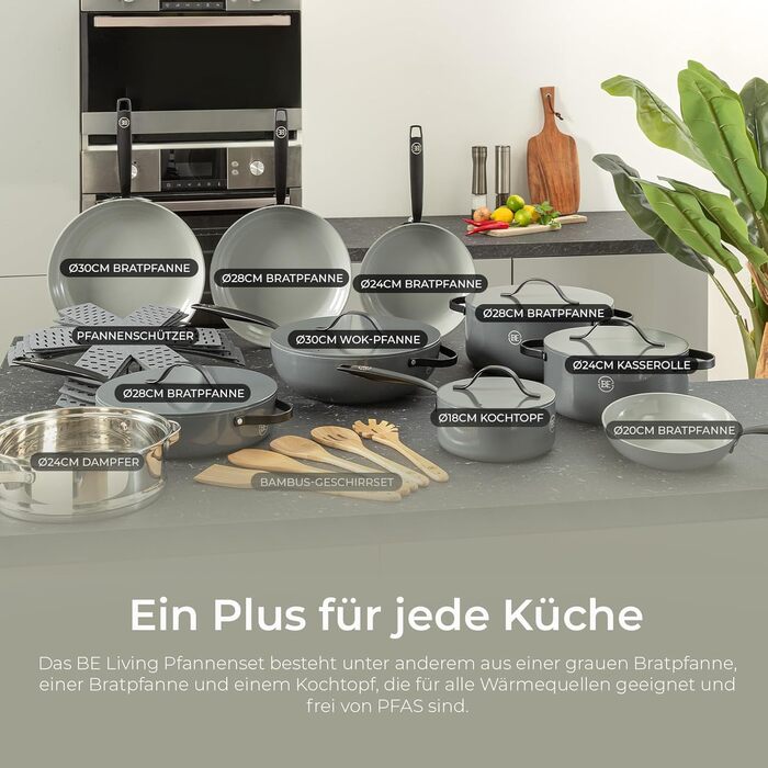 Каструля Be Living Essential з кришкою, 24 см, 7 літрів, антипригарне покриття Keramik, для індукційних плит, без PTFE та PFOA, сіра