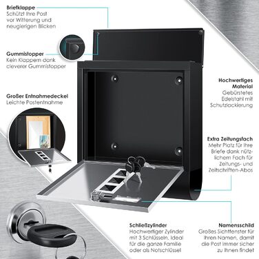 Поштова скринька KESSER® з газетницею та іменним шильдиком, нержавіюча сталь, матова, з оглядовим вікном, 3 ключі, порошкове покриття, настінний монтаж, велика, з матеріалом для монтажу (Чорний / Срібний)