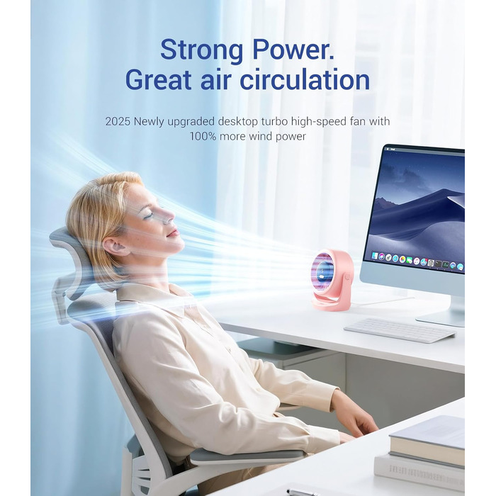 USB вентилятор TurboBreeze Rosa: потужний, портативний, з LED-дисплеєм та 5 швидкостями, 360° обертання