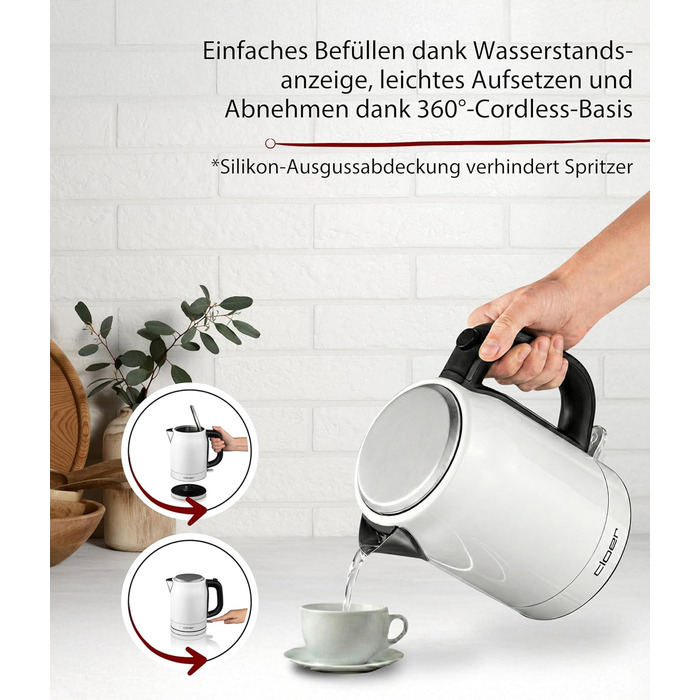 Електричний чайник Cloer 4511 з нержавіючої сталі, 2200 Вт, білий, 1 літр