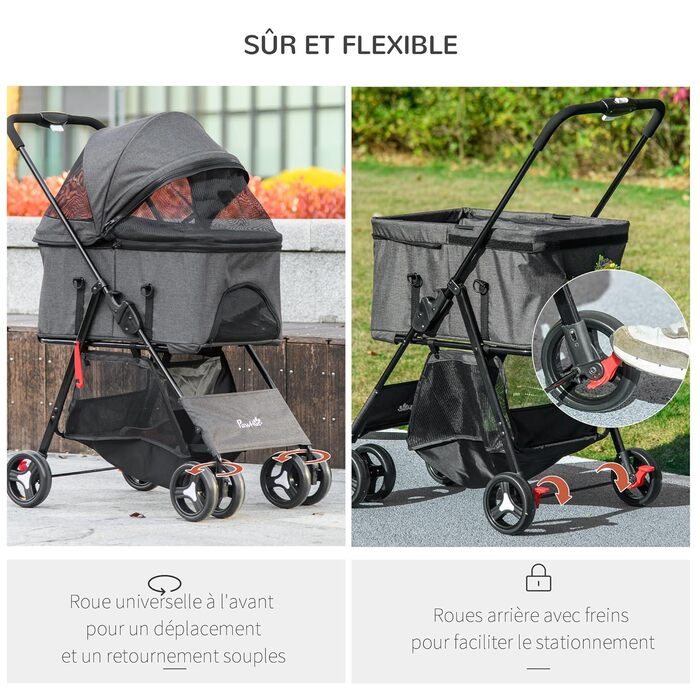 Візок для собак PawHut 3 в 1: зручний транспортний кошик на 4 колесах з регульованим дахом та м'яким килимком, сірий