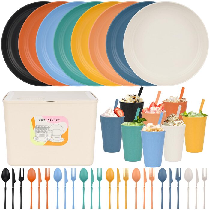 Набір посуду 49 шт. незламний, багаторазовий, для кемпінгу, пікніка, барбекю, пластиковий, кольоровий