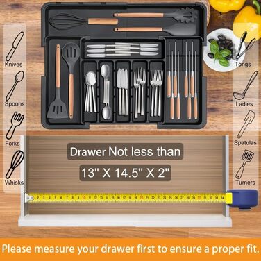 Органайзер для столових приборів в шухляду, розширюваний, чорний - Кухонний органайзер для шухляди