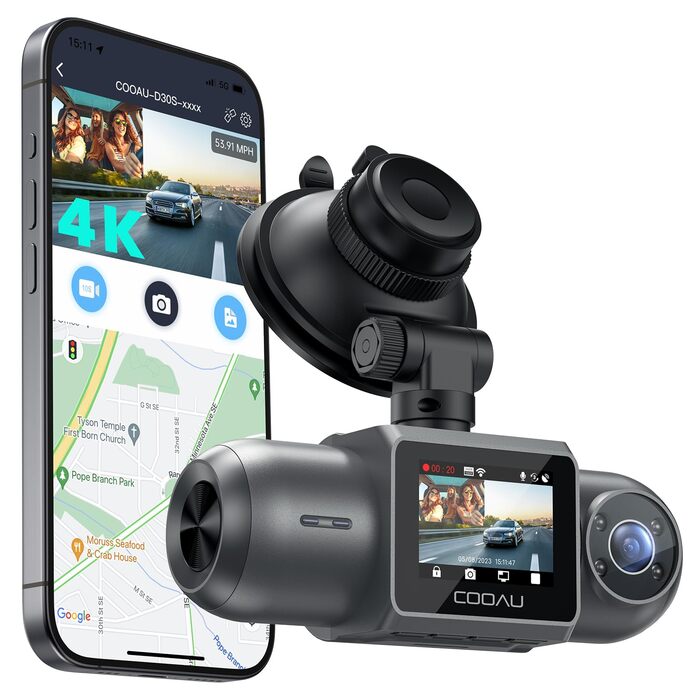 Відеореєстратор COOAU D30S 4K з GPS, WiFi, подвійна камера 2.5K/1080P, нічна зйомка, G-сенсор, паркування, підтримка карт до 256GB