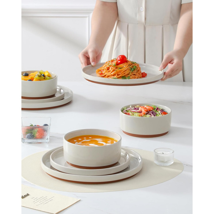 MALACASA Набір посуду з каменю 18 предметів для 6 осіб, керамічний сервіз з глазур'ю Сезам, набір тарілок та мисок, білий з коричневою основою, білий