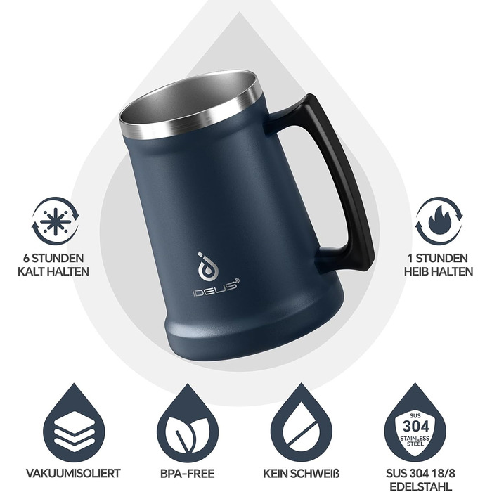 Термокружка для пива Ideus® з нержавіючої сталі, 710 мл, 34oz, для Октоберфесту (Морська блакить)