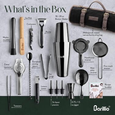Набір бармена Barillio з золотим шейкером та сумкою для подорожей - 17 предметів, вощена тканина, мобільний бар з ременем (Чорний)