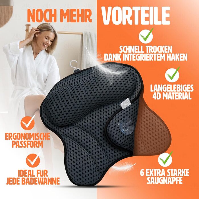 Bathtub Pillow – [TESTED QUALITY] - includes 6 extra strong suction cups – bath pillow with ergonomic fit for neck and back – high-quality neck pillow – [INCLUDES extra carrying bag] (Gray)
