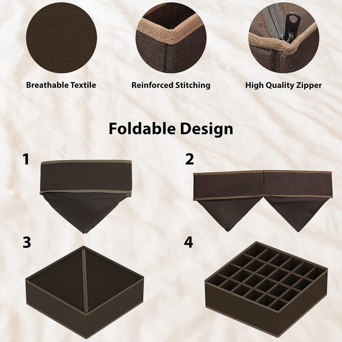 Styleys Set of 4 Foldable Storage Boxes, Drawer Dividers, Odorless Interior Lining, Storage Boxes, Closet Organizer, Under Bed Organizer for Clothes, Shoes, Underwear, Bras (Brown - S1014)