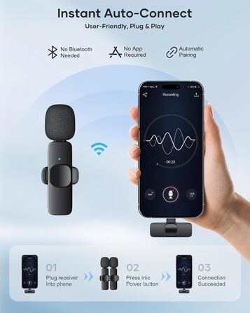 Бездротові петличні мікрофони 2 шт. для iPhone/iPad/Android, з шумозаглушенням, Plug-and-Play, для відео, подкастів, YouTube, TikTok, Vlog, чорний