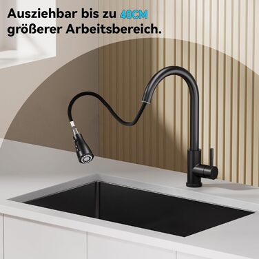 Кухонний змішувач SEMANEY з витяжною насадкою, чорний матовий, з 3 функціями, 360° обертання, з нержавіючої сталі