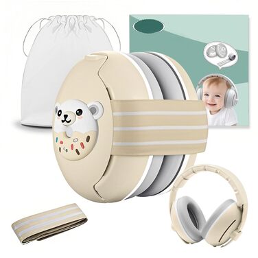 Навушники-захист вух для малюків 2-в-1, від 0 до 48 місяців, з регульованим обручем, шумопоглинання, бежевий