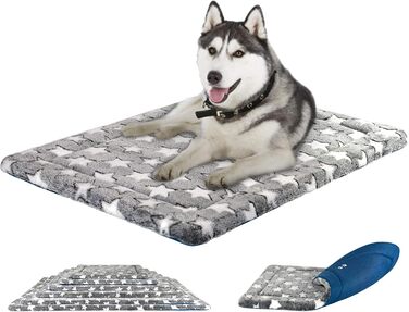 Круглий килимок для собак KROSER Fancy Crate Pad, двосторонній (холодний та теплий), машинне прання, для собак маленьких та XXX-Large, сірий, темно-синій, зірковий принт (106 x 71 x 3 см)