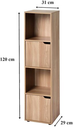 Calicosy - Regal with 4 compartments in wood-look finish - 2 sliding doors - Modular storage furniture - Solid and functional - Bedroom, living room, office - Contemporary design - B30.7 x D29 x H120cm