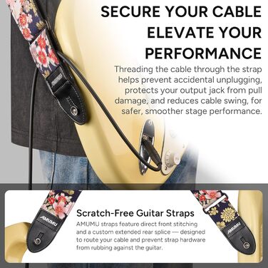 Гітарний ремінь Amumu з бавовни з вишивкою троянд та шкіряними кінцями для бас, електро та акустичної гітари, з фіксатором та блоками для ременя