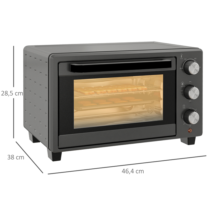 HOMCOM 21L Mini Oven 1400W 60 Min. Timer, Small Oven with Adjustable Temperature 100°C-230°C Baking Time, Mini Oven with Baking Tray, Wire Rack, Stainless Steel Table Oven, Grey | Aosom