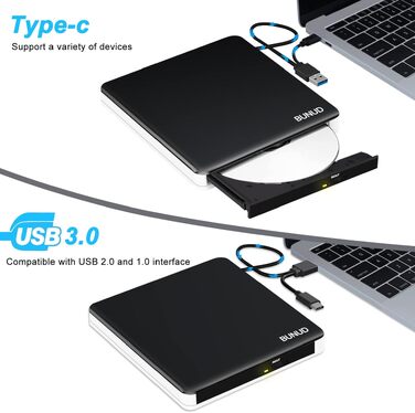 Зовнішній CD/DVD привід BU USB 3.0 & Type-C, DVD+/-RW ROM записувач з картридером SD/TF та USB-портами для ноутбука, PC, MacBook, Windows 11/10, macOS (чорний/білий)