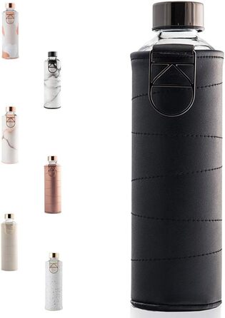 EQUA large drinking bottle with faux leather sleeve, 750 ml, made of borosilicate glass, BPA-free and leak-proof.