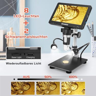 Цифровий мікроскоп WADEO USB HD з зумом 50x-1600x, портативна інспекційна камера з 8 LED, сумісний з iOS, Android та планшетами (7 дюймів)