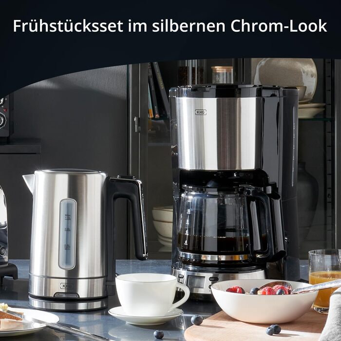 Набір для сніданку KHG: чайник та тостер з нержавіючої сталі, сріблястого кольору, об'єм 1 л та 2 тости, точний вилив, поворотний на 360°, 6 рівнів підсмажування, функції підігріву, розморожування та для багелів, піддон для крихт (комплект з кавоваркою)