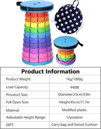 Складаний туристичний стільчик-табурет, 440lbs, з сумкою, для кемпінгу, риболовлі, подорожей, барбекю (Райдужний)