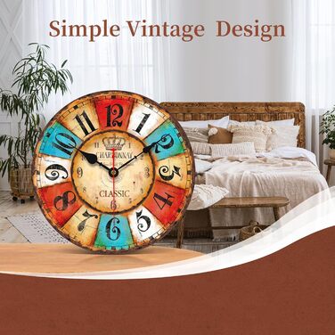 VIKMARI Quartz Wall Clock Wood Silent Hanging Clock, Battery-Powered Round Rustic Clock, Easy to Read Vintage Interior Wall Clock ||14' (Colorful Arabic Numerals, 20 cm)
