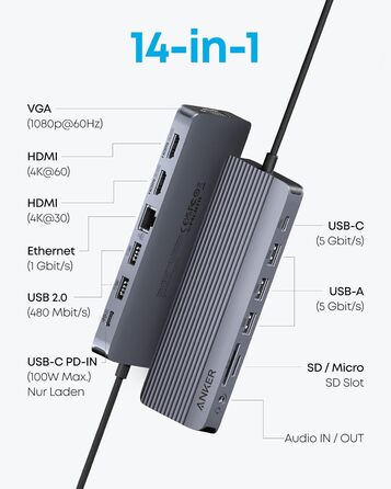 Хаб USB-C Anker з двома HDMI, 100W, 10Gbit/s, 14-в-1 для MacBook, Dell, iPad Pro