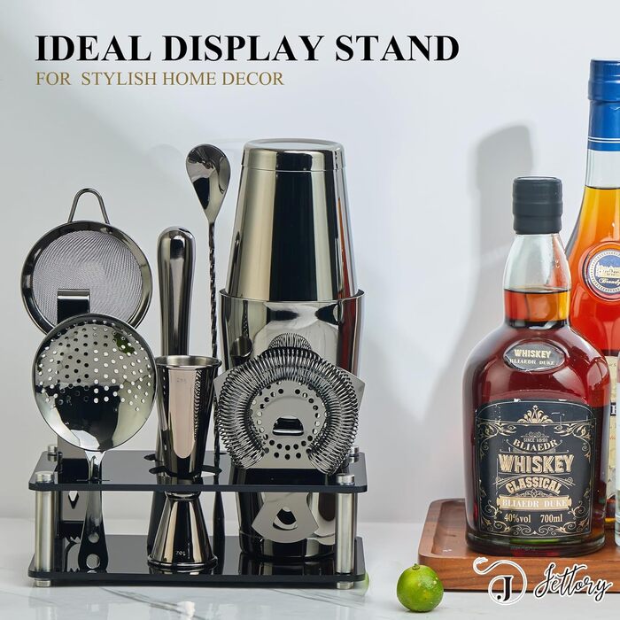 Boston Shaker Set – 10-Piece Stainless Steel Cocktail Shaker Set with Acrylic Base, Hawthorne Strainer, Ice Tongs, Bar Spoon, Jigger, Muddler – Perfect for the Home Bar (Black)