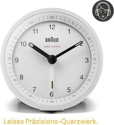 Classic Braun analog radio alarm clock for Central European Time (CET/GMT+1) with snooze function and illumination, quiet movement, crescendo alarm in white, model BC07W-DCF
