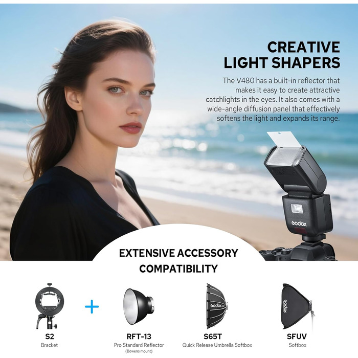 Спалах для камери Godox V480C Canon з сенсорним екраном, GN50, TTL, 2.4G Wireless, 1/8000 HSS, 650 J, 1.7s час відблиску, Li-ion акумулятор 7.2V/2200mAh