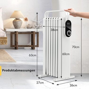 Масляний радіатор COSTWAY 1500W з 7 ребрами, 5-35°C, 3 режими нагріву, мобільний, з захистом від перегріву, білий