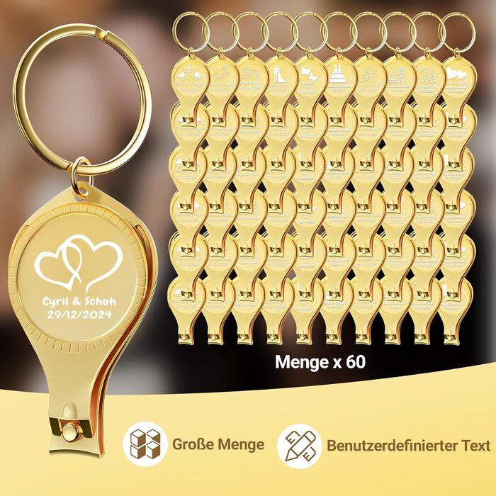 60 Personalized 4-in-1 Multifunction Bottle Openers, Gold Nail Clippers, Wedding Favors, Brewery, Private, Customized, Multi-Tool Gifts for Men.