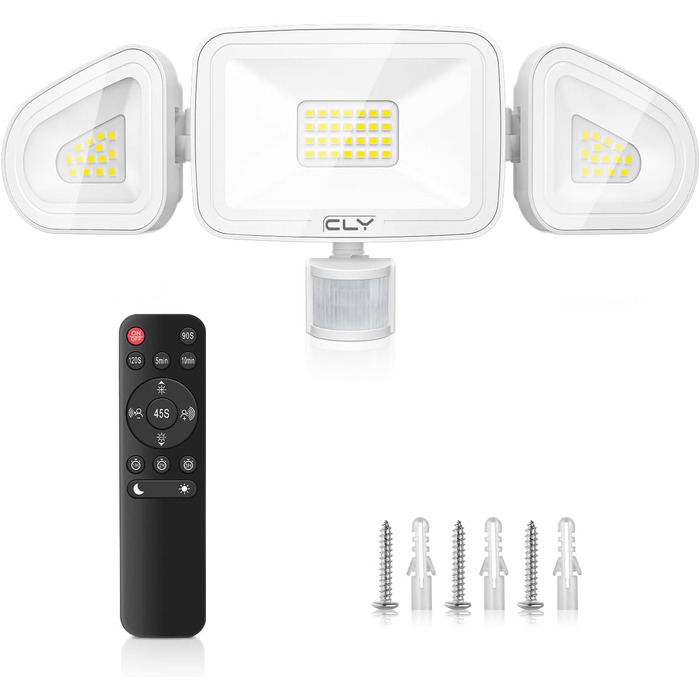CLY 42W LED Floodlight with Motion Sensor and Remote Control, 3600LM 6500K Cool White Outdoor Floodlight with Adjustable 3 Heads LED Floodlight IP66 Waterproof Spotlight Floodlight for Garage Terrace
