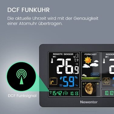 Newentor Weather Station Radio with Outdoor Sensor - Radio Weather Station with Weather Forecast, Temperature Warning, DCF Radio Clock - Battery and Mains Powered, Black