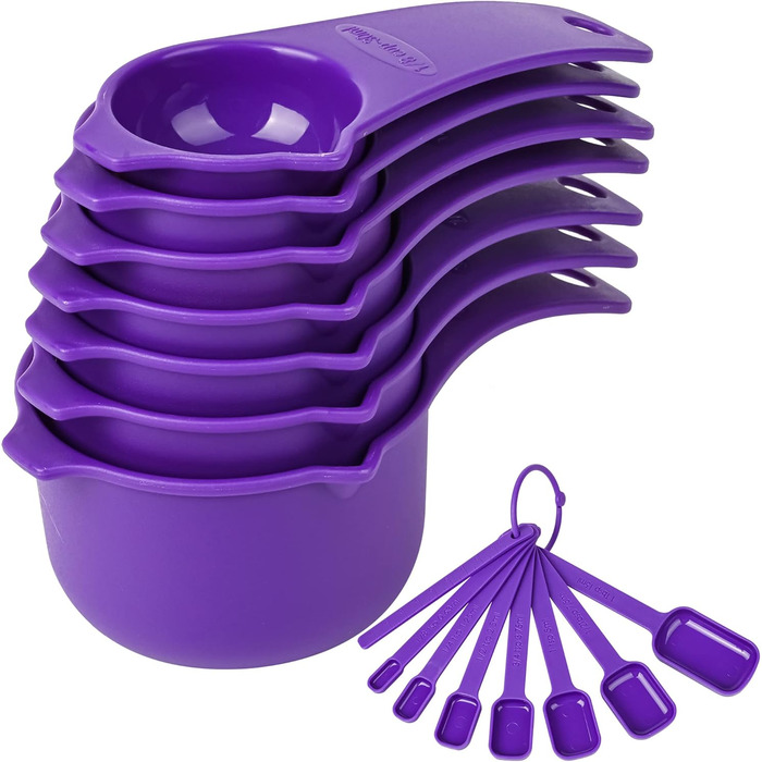 Violetta Measuring Cup and Spoon Set, 15 Pieces, Plastic Measuring Cups, 7 Plastic Measuring Cups and 7 Plastic Measuring Spoons with Leveler, Cute Measuring Cups for Baking and Kitchen