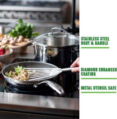 Каструля GreenChef Profile Plus 18 см, 2,1 л, антипригарна кераміка, нержавіюча сталь, з кришкою із загартованого скла, PFAS-free, для індукції, жароміцна до 200°C, срібляста, сіра всередині