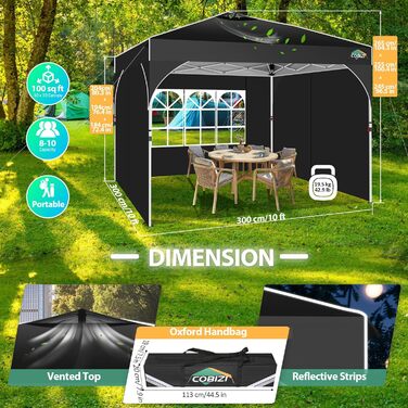 COBIZI Folding Gazebo 3x3, 3x3 Gazebo Waterproof Stable One Push UV Protection Outdoor Party Tent Corrugated Eaves Festival Tent Tent Garden Gazebo Pavilion Folding 3x3m With Carry Bag, (Black, 3x3 with 3 Side Walls)